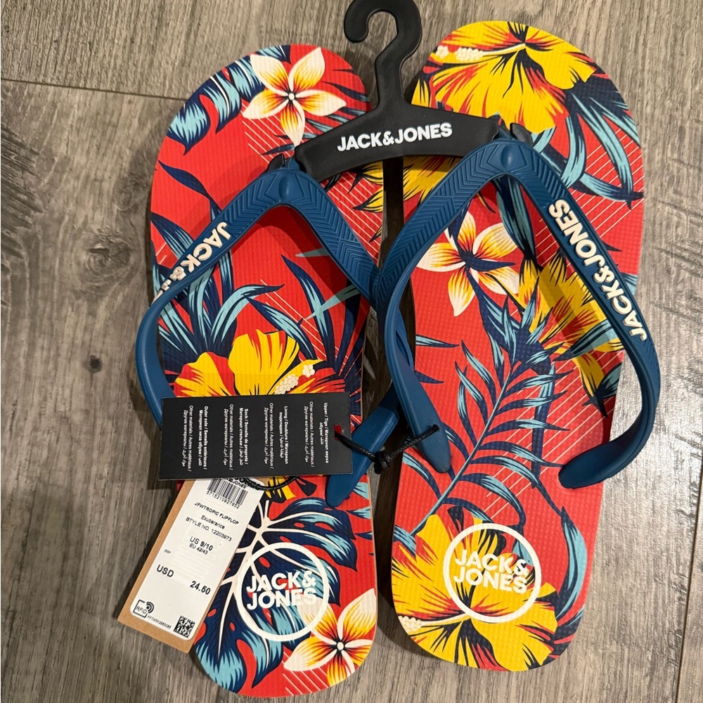 Jack & Jones Tropical Flip Flops - Red and Yellow